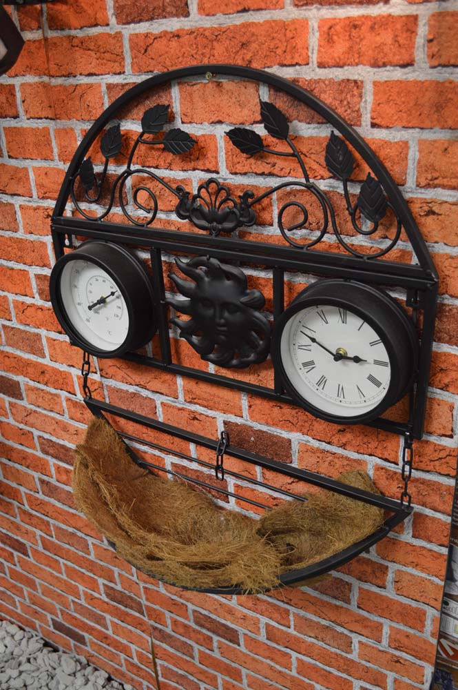 GARDEN METAL HANGING PLANT BASKET WALL MOUNTED CLOCK & THERMOMETER OUTDOOR  GCTC