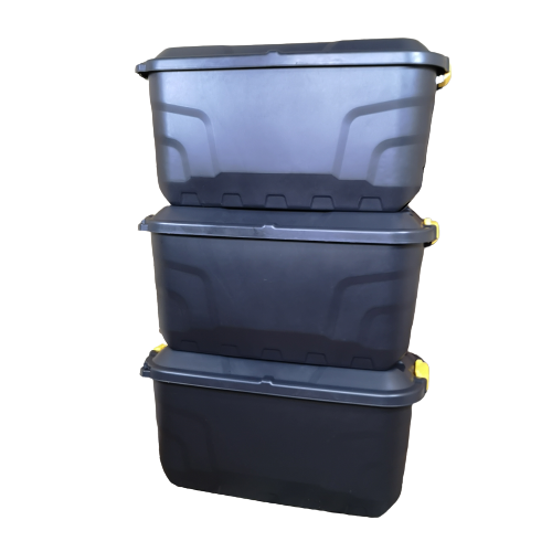 3 x 75L Heavy Duty Trunks on Wheels Sturdy, Lockable, Stackable and Nestable Design Storage Chest with Clips in Black