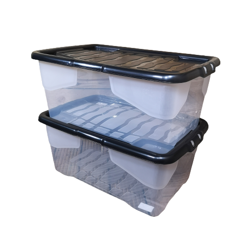 2 x 42L Clear Storage Box with Black Lid, Stackable and Nestable Design Storage Solution