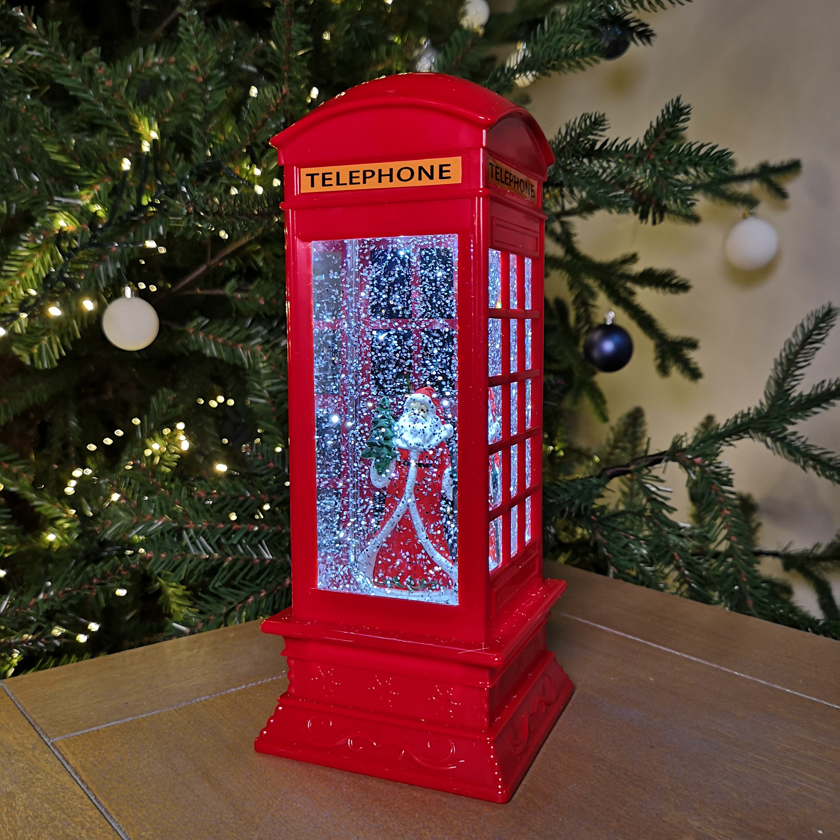 27cm Dual Power Christmas Glitter Water Spinner Red Phone Box Santa Scene