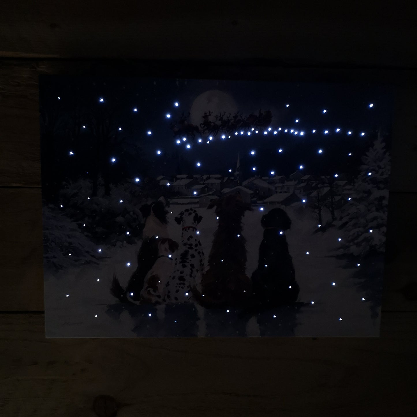 40 x 30cm Snowtime Touch Operated Christmas Dogs Fibre Optic Wall Canvas