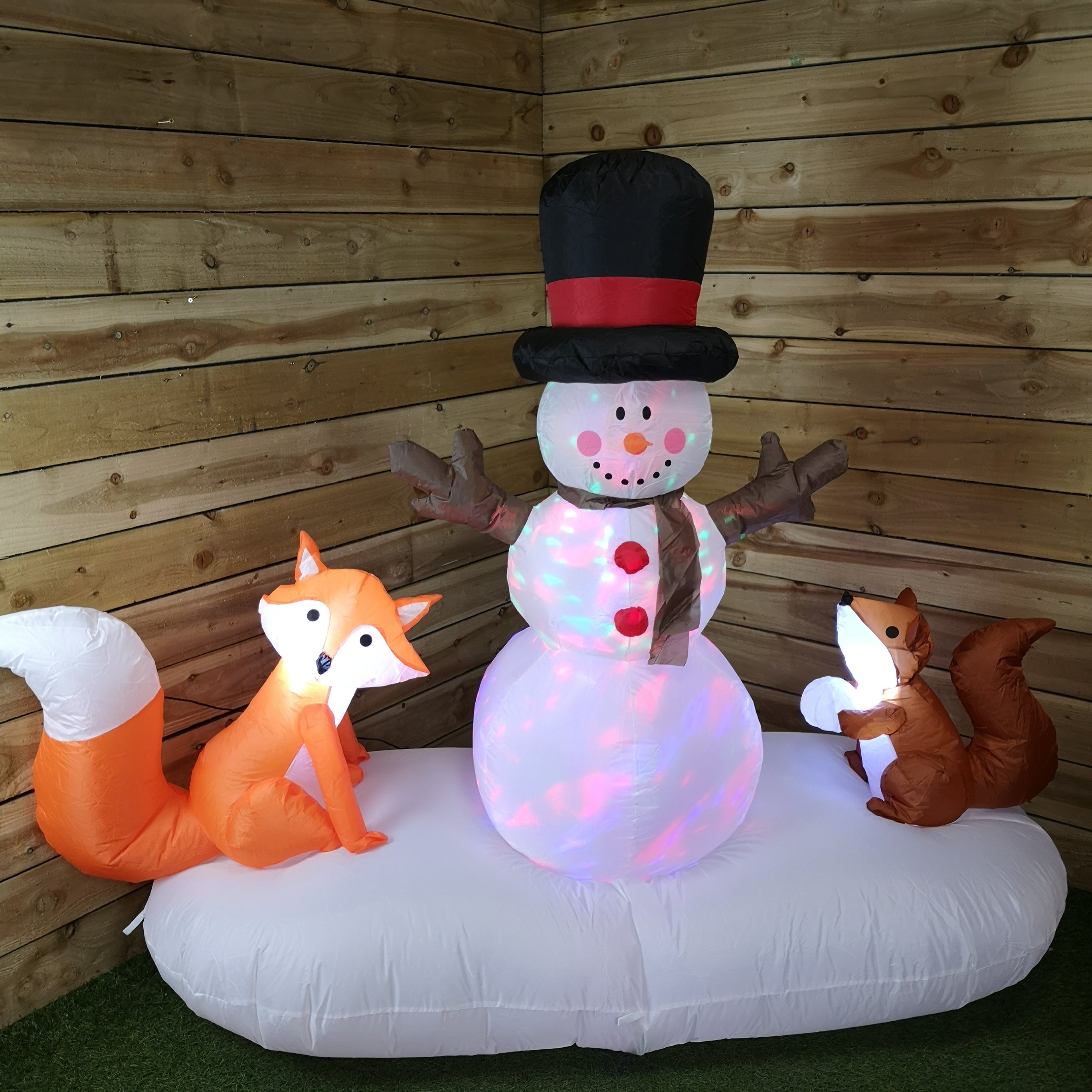 Premier Indoor Outdoor 1.5m Lit Inflatable Multi Coloured Flashing Snowman with Fox And Squirrel